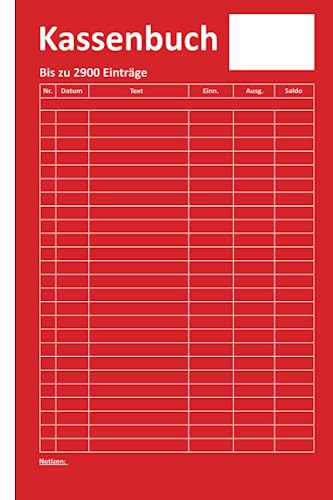 Kassenbuch ohne Umsatzsteuer ca. DIN A5: für Selbstständige, Kleingewerbe und Vereine (für bis zu 2900 Einträge auf 120 Seiten): Cover Farbe: rot/weiß