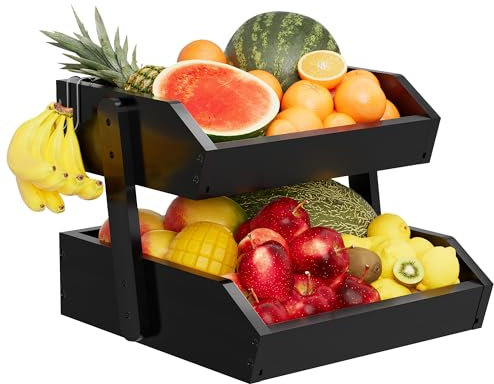 Bamboo 2 Tier Fruit Basket for Kitchen Counter, Large Capacity Fruit Storage Countertop, Fruit Holder, Wood Pantry Organizers and Storage, Kitchen Countertop Organizer With 2 Banana Hangers (Black)