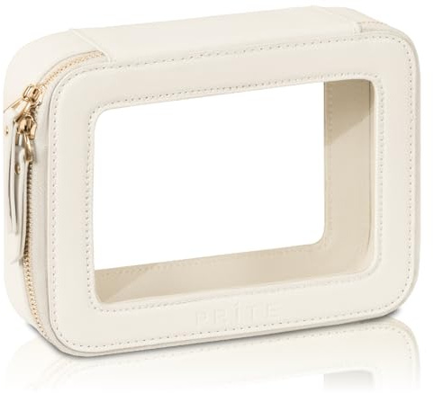 Prite Transparent Kosmetiktasche Durchsichtig Kulturtasche Damen Make Up Tasche Reise wasserdichte Kulturbeutel Auto Organizer mit Goldenem Doppelreißverschlüss (Beige)