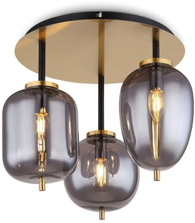 bmf-versand® Deckenlampe Wohnzimmer rauchglas - Moderne Deckenleuchte für Küche Esszimmer Schlafzimmer Flur - Messingfarben Deckenstrahler 3-Flammig für Badezimmer Länge 46 cm E14