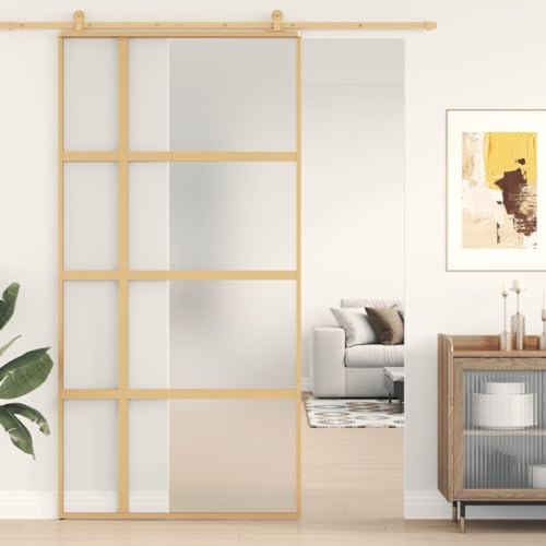 Rantry Sliding Door Gold 102.5x205 cm Frosted ESG Glass and Aluminium, Sliding Barn Door, Sliding Door Home Indoor Building Material Type1