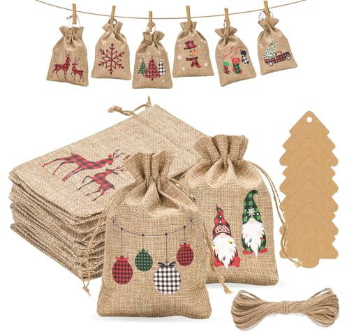 G2PLUS 24PCS Sac Calendrier de l'Aven,Sachets en Jute pour Calendrier de l'Avent à Remplir,10x15cm Pochettes Jute avec 24 Étiquette Étiquettesen forme d'arbre de Noël+Ficelle