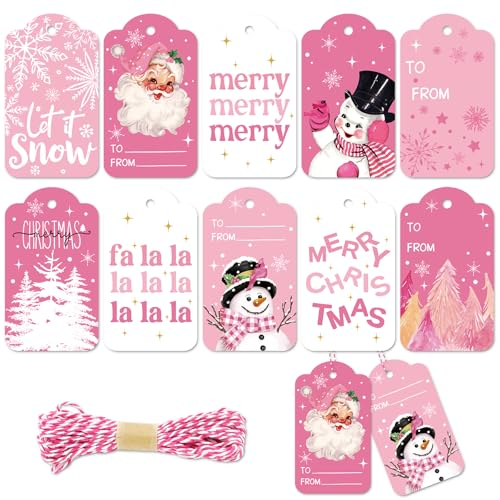 Whaline Weihnachtspapier-Geschenkanhänger, Rosa, Weihnachtsmann, Schneemann, mit Baumwollseil, für Winterurlaub, Namen, Geschenk, Basteln, 10 Designs, 120 Stück