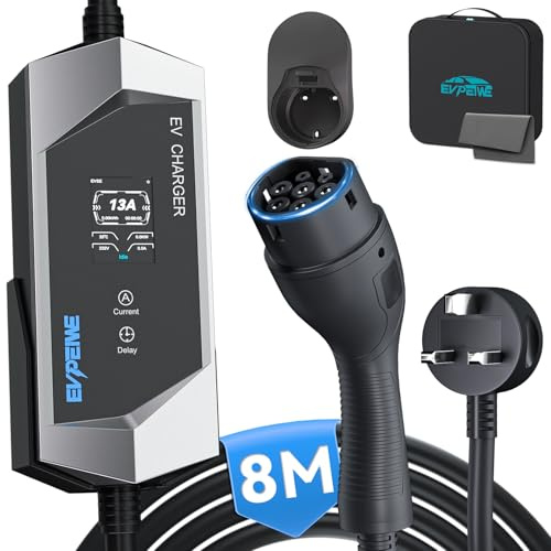 EVPEIWE Type 2 EV Charger to UK 3 Pin Plug 26ft/8M, 6/8/10/13A Portable Electric Car Charger, 3.3KW Type 2 Charging Cable for EV & PHEV, with EV Cable Holder and Carry Bag (Silver)