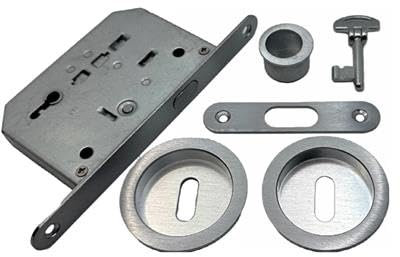 Kit Tondo con Serratura e Chiave per Porte Scorrevoli – Zama, Foro Ø48mm, Maniglia con Serratura, 2 Vaschette + Ditale di Trascinamento – Design Moderno, Sicuro e Facile da Installare (cromo satinato)