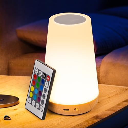 Lysumurl Dimmable Night Light, LED Touch Bedside Lamp with 13 RGB Colours, 5 Brightness Levels, 4 Modes, Timer & Memory Function, Rechargeable Table Lamp with Remote for Bedroom, Kids, Nursery