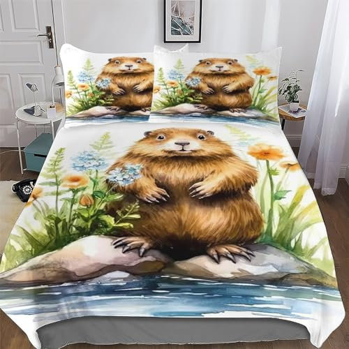 Beaver Duvet Cover Set, Bedding Linen Set, Soft Comforter Cover 3 Pieces, Quilt Cover with Pillowcase for Kids Adult King(220x240cm)