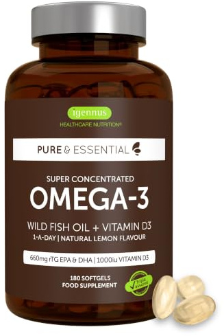 Igennus Hochwertigstes Omega-3 Wildfischöl + D3, rTG Triglycerid form 893mg | EPA & DHA 660mg, IFOS Zertifiziert, 180 Portionen, 1x täglich, frei von Umweltgiften, Zitronengeschmack