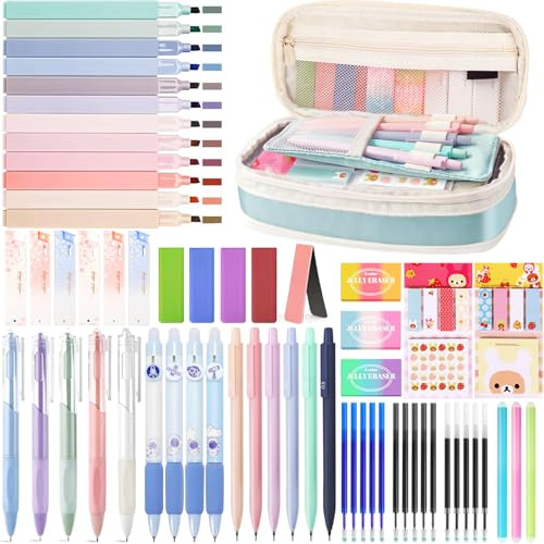 UNIANE 62 accessori per la scuola con astuccio, 12 evidenziatori, 5 penne gel, 6 matite meccaniche, 4 matite cancellabili, Aesthetic Stuff Clean Girl, Back to School
