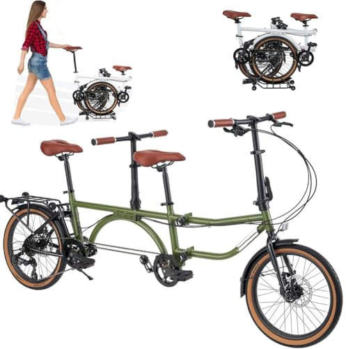Bicicletta Tandem 4 Ruote Pieghevole Per 2 Persone Telaio in Acciaio Ad Alto Tenore Di Carbonio Cambio A 7 Velocità Freni A Disco Anteriori E Posteriori Ruota Posteriore Pieghevole ,Verde,20 in