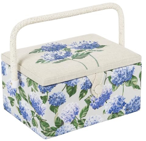 Hobby Gift Exclusive Medium Sewing Craft Hobby Storage Box, Accessories Tray Pin Cushion Pocket PVC Handle Embroidered Lid Printed Sides 18.5 x 25.5 x 14.5cm, Hydrangea