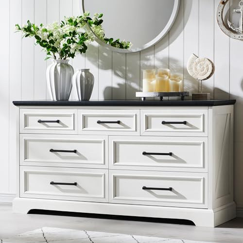 AetherWood Kommode mit 7 Schubladen, 132 cm breit, Aufbewahrungsschrank für Schlafzimmer & Wohnzimmer, Moderne Holzkommode mit viel Stauraum – Weiß