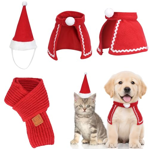 KOOOGEAR Haustier Kostüm Weihnachten,Katzen Hunde Weihnachtskostüm,Kleidung Weihnachtsmütze und Schal für Klein Hund Katze,Hundebekleidung Lustig Deko (Einheitsgröße, Mütze + Schal + Halstuch)