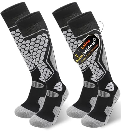 QUPOLPOL Calze da Sci Lana Merino Termiche – 2 Paia Calze Alte al Ginocchio per Uomo e Donna, Calde, Traspiranti e Imbottite per Sport Invernali, Taglia EU 34-38