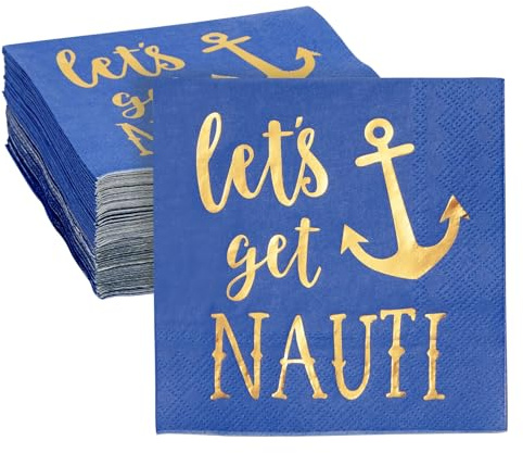 50 Pack Blue Nautical Style Napkins for Let's Get Nauti Bachelorette Party Decorations, Gold Foil Anchor (5 x 5 In)