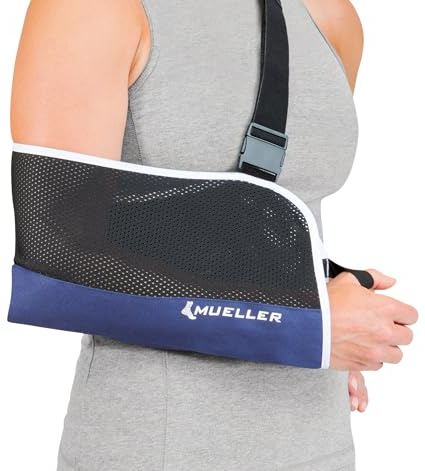MUELLER Sports Medicine Adjustable Arm Sling - Comfortable Support for Left or Right Shoulder and Arm Injury, For Men and Women, Blue w/ Black Mesh, One Size Fits Most