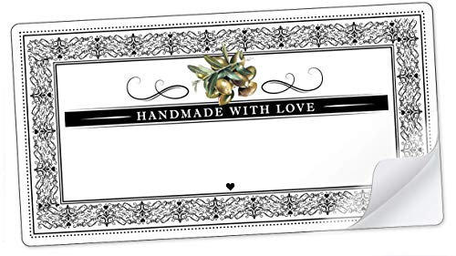 20 STICKER RECHTECKIG WEIß SCHWARZ GRÜN Oliven und Ornamente Handmade with Love mit Freitextfeld für Olivenöl, eingelegte Oliven, Antipasti u.v.m. • Etiketten Format: 96 mm x 50,8 mm, matt