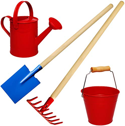 alles-meine.de GmbH 4 TLG. Set: Kinder Eimer + Gießkanne + Spaten/Schaufel + Rechen/Harke - aus Holz & Metall - rot & bunt - 80 cm lang - stabile Gartengeräte/Gartenset - K..