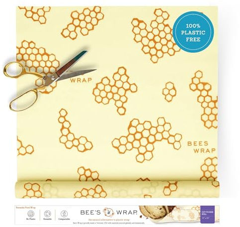 Bee's Wrap - XXL rulle 35 cm x 132 cm - tillverkad i USA med certifierad ekologisk bomull - plast- och silikonfri - återanvändbar miljövänlig bivax matwrap - vaxkaketryck