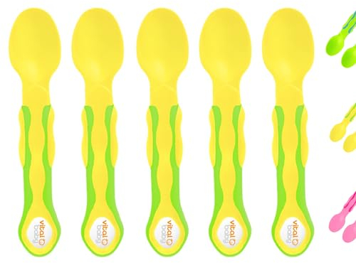 Mein erster Löffel - 5 Stück Babylöffel (gelb/grün) / Fütterlöffel für Beikost, Gläschen, weiche Spitze, ergonomische Griffe, Schaber, Löffel, Babylöffel, spülmaschinen geeignet ab 6 Monaten