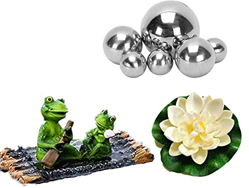 Super Idee Garten Teiche Deko Set Schwimmtier Zwei Frösche mit Silber Kugeln und 2 STK Lotusblüte als Gartendekoration für Miniteich Springbrunnen Teichbecken (Frösche auf Bambusfloß)