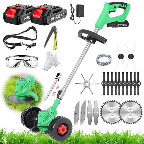 Decespugliatore a Batteria, Tagliabordi a batteria con 21V batteria e 3 tipi di lame, Testata Regolabile e Maniglia Telescopica per il taglio di giardini, prati e terreni agricoli (Verde)