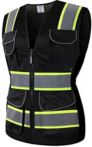 JKSafety 9 Pockets Women Hi-Vis Reflective Safety Vest | Mesh Black | Reflective Strips with Yellow Extended Trims | ANSI Compliant (168-Black, M)