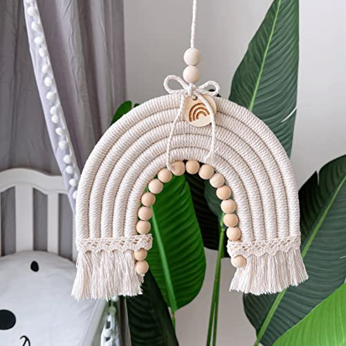 Regenbogen Makramee Woven Wandbehang Wanddeko mit Pompon und Quaste, Boho Handgefertigte Wandteppich Wandbehang Für Kindergeburtstag Deko, Partyzubehör, Wanddeko Kinderzimmer (Beige)