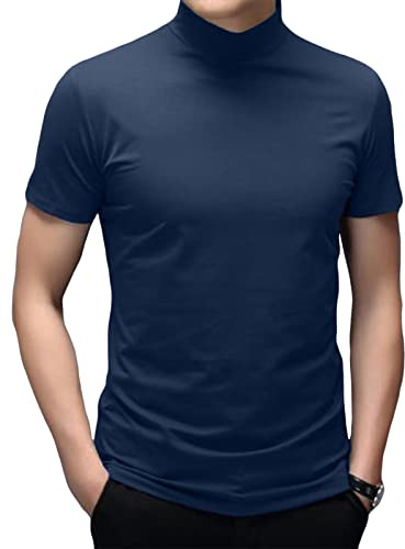 Mens Turtleneck Short Sleeve T Shirt Cotton Mock Neck Shirts Turtleneck Sweater Basic Stand Collar Tops Black Blue, L