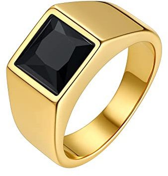 Bestyle Thick Men Gold Ring-8mm*8mm Black Onyx Gemstone Ring-Chunky Cool 18K Gold Plated Men Signet Ring Stacking Thick Band Ring- Retro Biker Every Day Casual Ring, Size 10