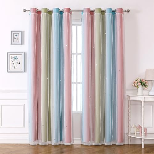 Freyamy Gardinen Rosa Grün Weiß Glänzend Sterne Vorhänge Blickdicht Kinderzimmer Halbtransparent H 210 X B 132cm Ösenvorhang 2er Set Mädchen Kindervorhänge Gardinen Verdunkelungsvorhang Wohnzimmer