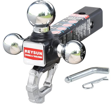 REYSUN Enganche de Remolque de Tres Bolas con Gancho, Gancho de Remolque táctico, se Adapta a Receptor de Enganche de 2 Pulgadas, Seguro con pestillo de autobloqueo, Bola cromada