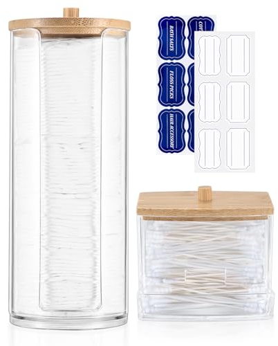 Gaomoeny 2 Pcs Cotton Pad Holder, Cotton Wool Bud/Swab/Ball Holder, Bathroom Qtip Dispenser Jars Canisters Holders for Vanity Cotton Ball Qtip Makeup Storage Organiser Dispenzer, wuth Bamboo Lid