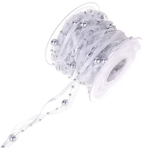 Wambere 10m Perlengirlande mit Organzaband,künstliches Perlenband Chiffonband und Organza-Spitzenband für Hochzeit, Blume, Weihnachtsbaum, Dekoration, Nähen, Basteln, Verpackung,Silber