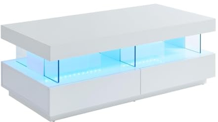 Vente-unique Table Basse 2 tiroirs et 2 niches avec LEDs - MDF et Verre trempé - Blanc laqué - Fabio II