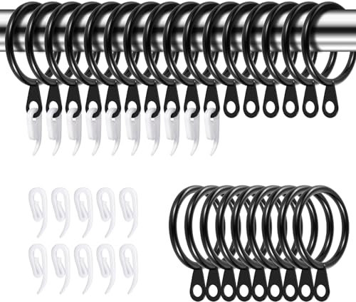 50 Pack Metal Curtain Rings And Hooks, 30mm Internal Diameter Eyelets for Curtain Poles And Rods With 50 White Plastic Hooks, Hoops, For Drapery, Rods and Shower Hanging, Black