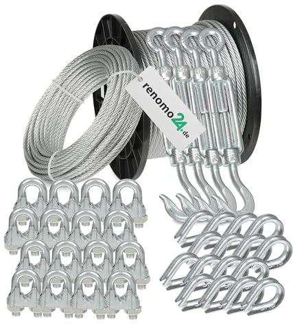 Renomo24 Drahtseil Set 6 - Stahlseil 20m 5mm 6x7 verzinkt, 4x Spannschloss Haken/Öse, 16x Bügelklemmen, 16x Kauschen