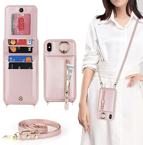 CAVOR Handykette Handyhülle Kompatibel Mit iPhone X/XS Hülle Mit Band,Flip Leder Geldborse Hülle,[4 Kartenfach][Ring Stander][Reißverschluss],Handytasche zum Umhängeband - Rose Gold