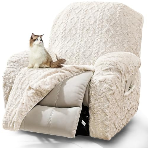 JOKIVTOU Recliner Chair Covers 4-Pieces, Soft, Stretchable, White, Modern Home Decor, Furniture Protector with Elastic Straps Bottom, Storage Pocket on Arm Cover