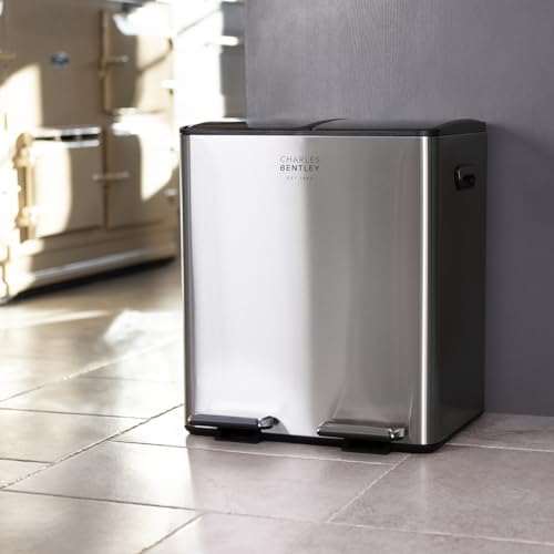 Charles Bentley 30L Double Compartment Kitchen Bin Stainless Steel Rubbish Bin Bins for Kitchen Waste Bin Pedal Bin Double Bin Pedal Bins for Kitchen Recycling Bins for Kitchen