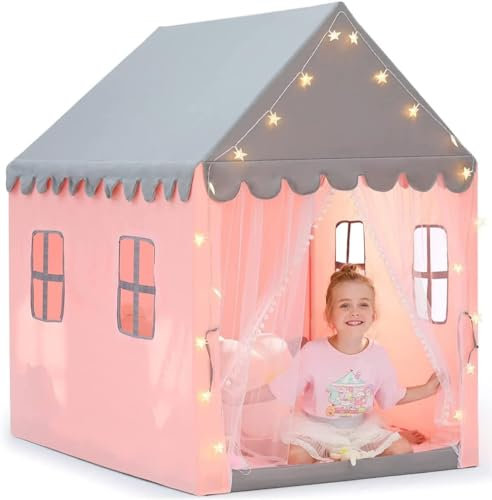 Tente de Jeu Enfants avec Guirlandes Lumineuse Etoiles, Château de Princesse Tente avec 4 Fenêtres, Maison de Jeu Intérieure et Extérieur pour Enfants se Détendre 121x105x136cm (Rose)