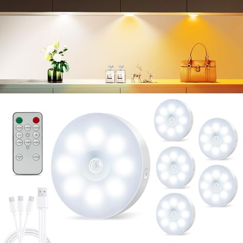UNUSROOM Schrankbeleuchtung mit Fernbedienung,3 Farben nachtlicht mit bewegungsmelder,Dimmbar Puck Light Schranklicht mit Timer,für Flure,Schrank,Toilette,Kleiderschränke,Wohnmobil,Treppe (6)