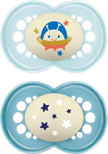 MAM Original Night Soothers | 6 Plus Months | 2 Pack | Glow in The Dark Dummies | Comes in Dummy Steriliser Case | Sustainable Materials | Baby Accessories | Blue (Various Designs)