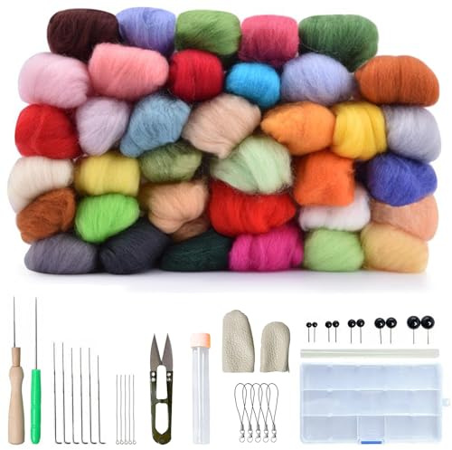 SRTSTR 36 Farben Nadelfilz Set Filzwolle Starter Kit mit Grundlegende Filzwerkzeuge und Zubehör Felting Wool Roving Starterset Märchenwolle für Anfänger Nassfilzen und Trockenfilzen DIY Handwerk