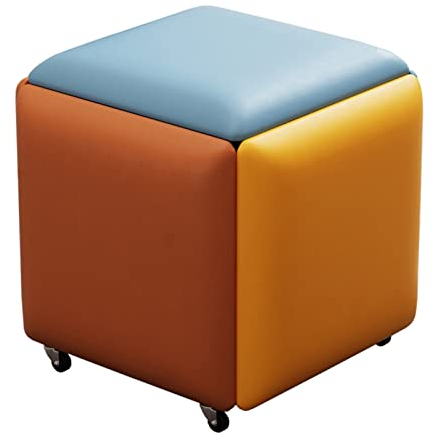 Fußstütze5-in-1 Nesting Cube Pouf-Hocker, quadratische Leder-Pouf-Bank, Pouf-Fußhocker-Beistelltisch, stapelbarer Kombinations-Fußhocker mit Rädern für Wohnzimmer und Esszimmer-Gelb (Farbe: Bunt)
