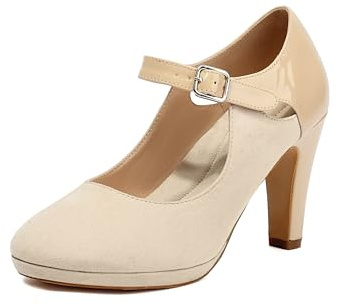 elerhythm Mary Jane Heels Retro Closed Toe Pumps Ankel Pierced Strappy Mocka Chic Vintage Gatsby Skor, Beige, 37 EU