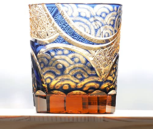 MMRTDJDR Bicchieri Artigianali Tagliati a Mano in Cristallo Trasparente Satsuma Kiroko Bicchiere da Whisky sovrapposto Vetreria intagliata con Confezione Regalo 9 Once (Blu)