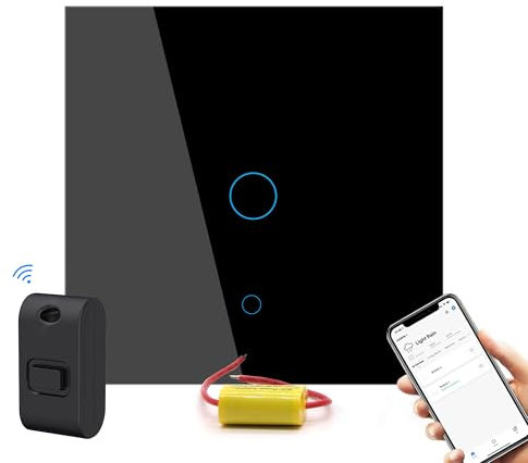 Smart Light Switch, Tuya/SmartLife App Remote Control, Wireless Kinetic Fob Switch Control, No Neutral Wire Required, Neutral Line Optional, Easy Two-Way Control (Black(1Gang))