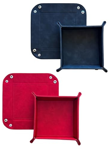 2er-Set Faltbare Leder-Würfelunterlagen (16 x 16 cm), viereckige Taschenleerer für Schlüssel, Handy, Kopfhörer, Kleinteile, Schmuck (Schwarz - Rot)