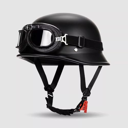 OZXDKJ Retro Motorradhelm, Deutscher Stil Motorrad Halbhelme Herren Damen, Motorrad Offener Helme, Tragbarer Brain Cap Helme DOT/ECE-Zulassung, Scooter Chopper Helme Mit Schutzbrille,M=(57-58cm),BB